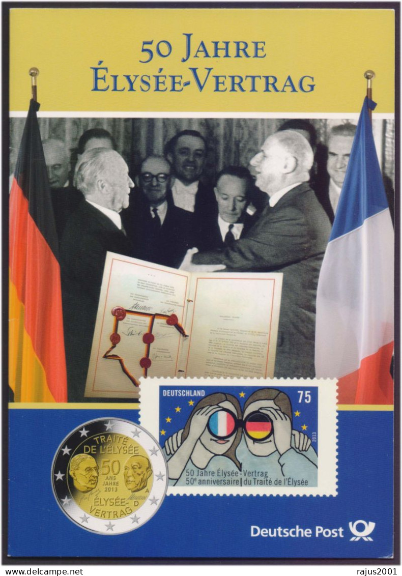 Signing Of Elysee Treaty Stone Laying Ceremony, Germany & France Are Issuing Joint Issue 2 Euro Coin Stamp + 5x Coins - Emisiones Comunes