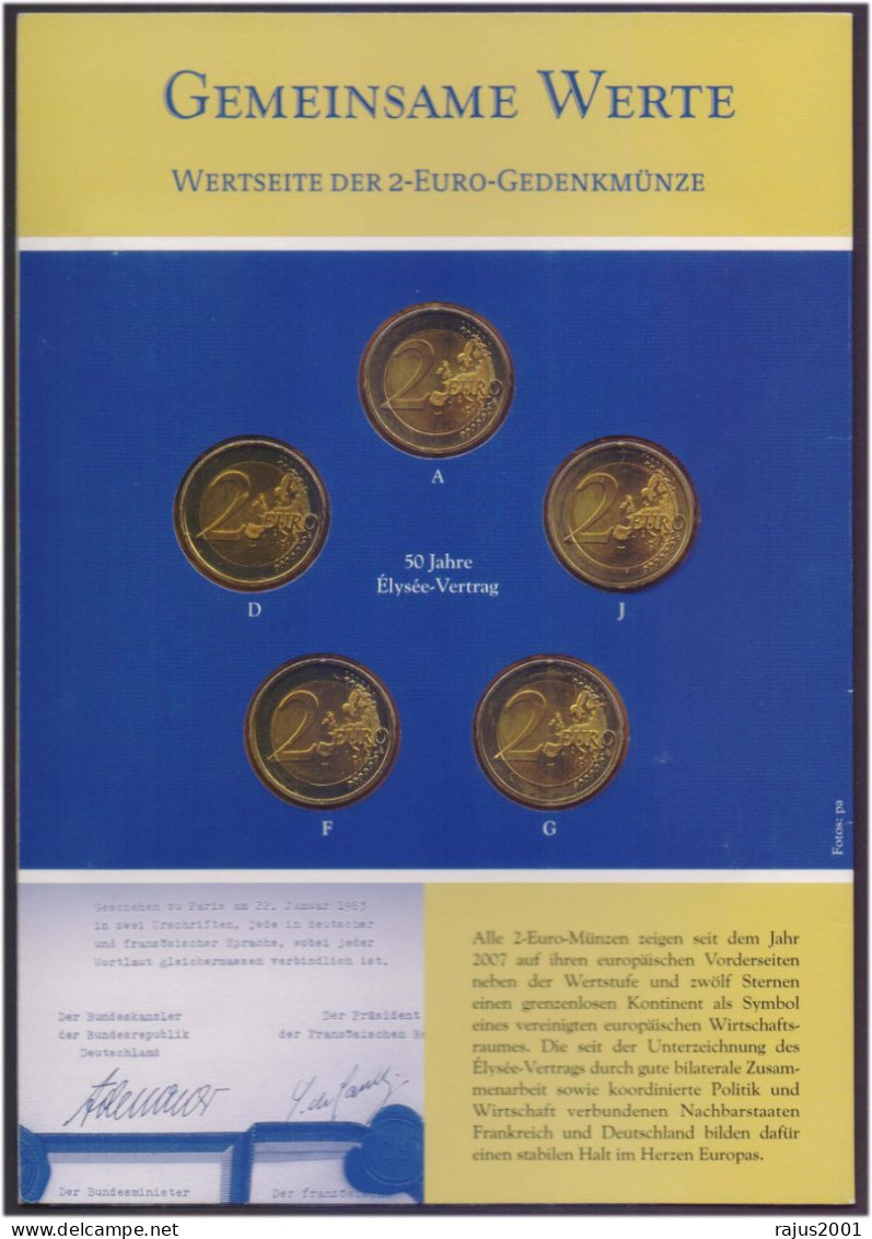 Signing Of Elysee Treaty Stone Laying Ceremony, Germany & France Are Issuing Joint Issue 2 Euro Coin Stamp + 5x Coins - Emisiones Comunes