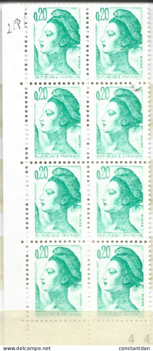FRANCE N°2181 20C EMERAUDE TYPE LIBERTE IMPRESSION DEPOUILLEE  BLOC DE 8 NEUF SANS CHARNIERE - Unused Stamps