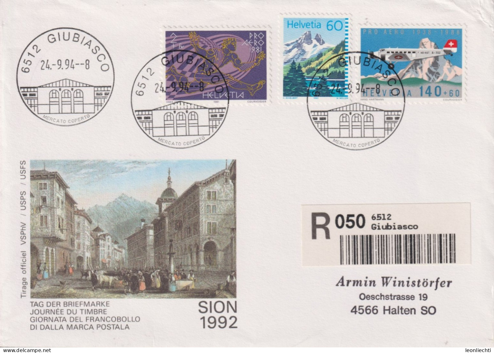 1994 Schweiz Tag Der Briefmarke Sion, Zum:CH F49+W48+837, Mi:CH 1369+1196+1489, ° 6512 GIUBIASSCO - Brieven En Documenten