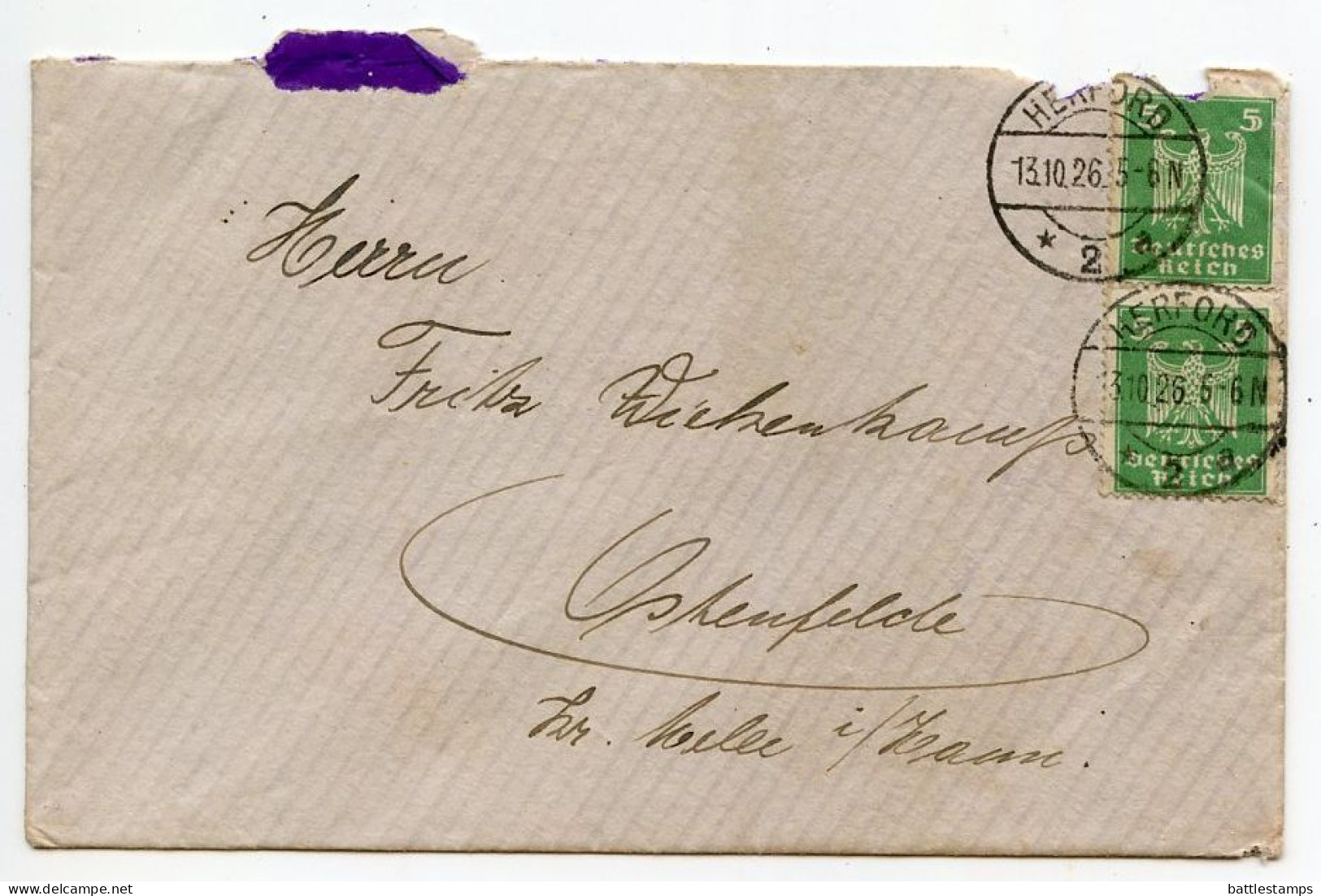 Germany 1926 Cover W/ Letter; Herford To Ostenfelde; 5pf. German Eagle (pair) - Brieven En Documenten