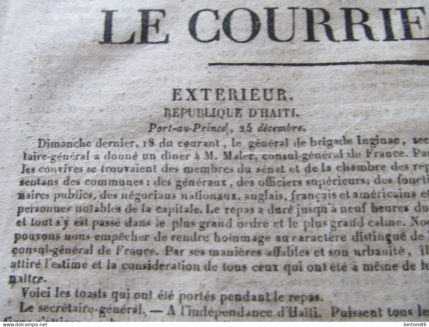 HAITI - PORT-AU-PRINCE 25 DECEMBRE 1826 - TOASTS PORTES A L'INDEPENDANCE D'HAITI. LE COURRIER FRANCAIS. - 1800 - 1849