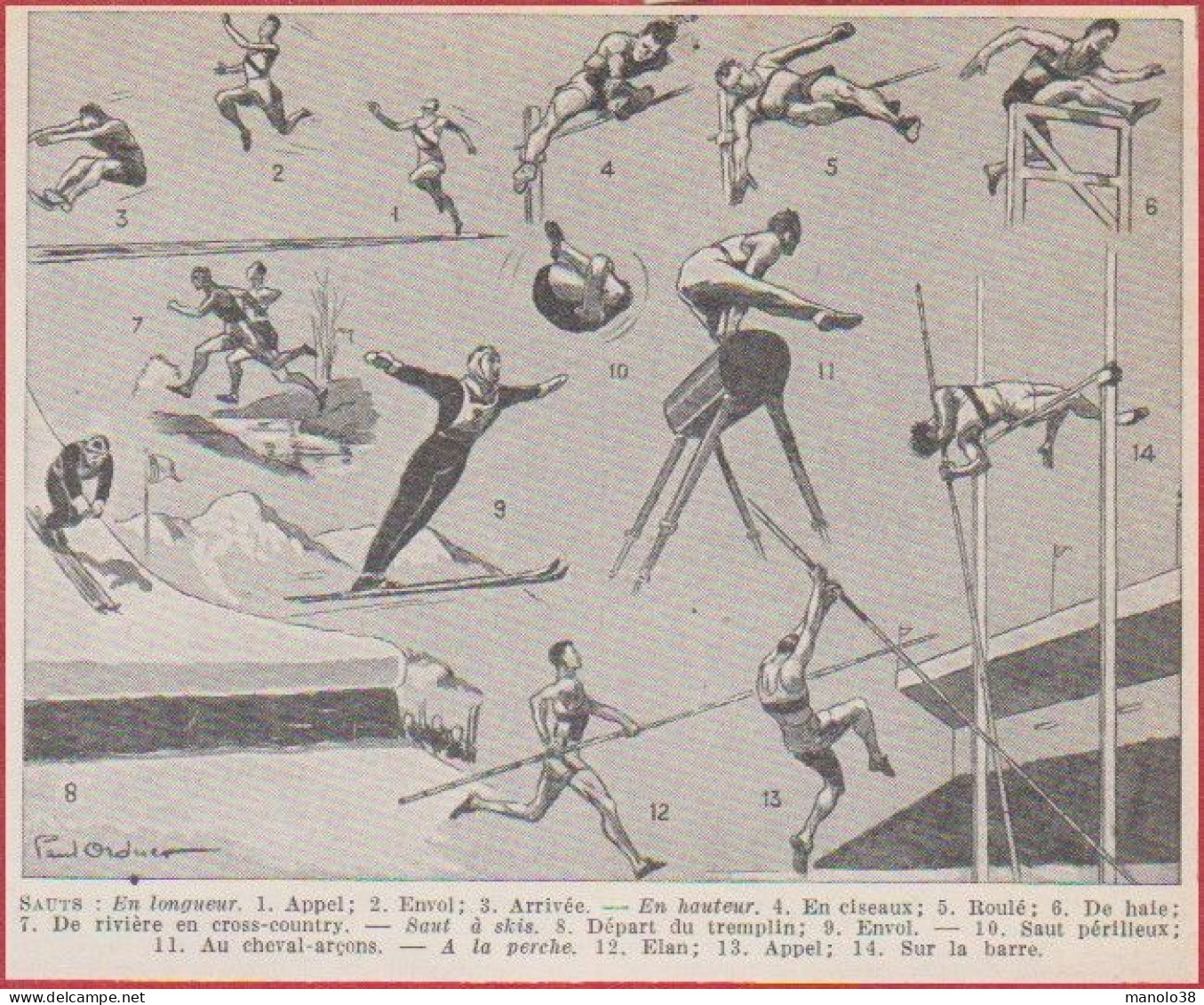 Saut. Sauts. Sport. Illustration Paul Ordner. Larousse 1948. - Historische Dokumente