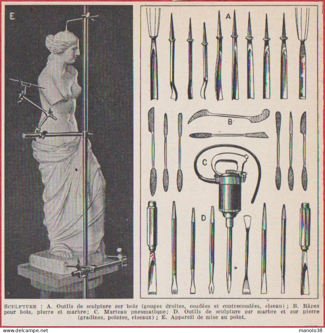 Sculpture. Matériels, Outils De Sculpture. Larousse 1948. - Historical Documents