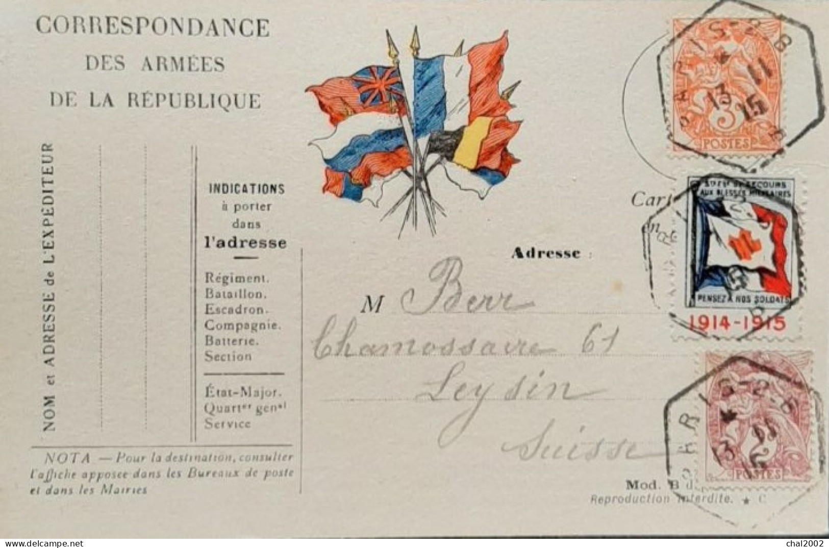 Carte Lettre De Paris 13 Novembre 1915 Pour Les Leysin  Suisse - Rode Kruis