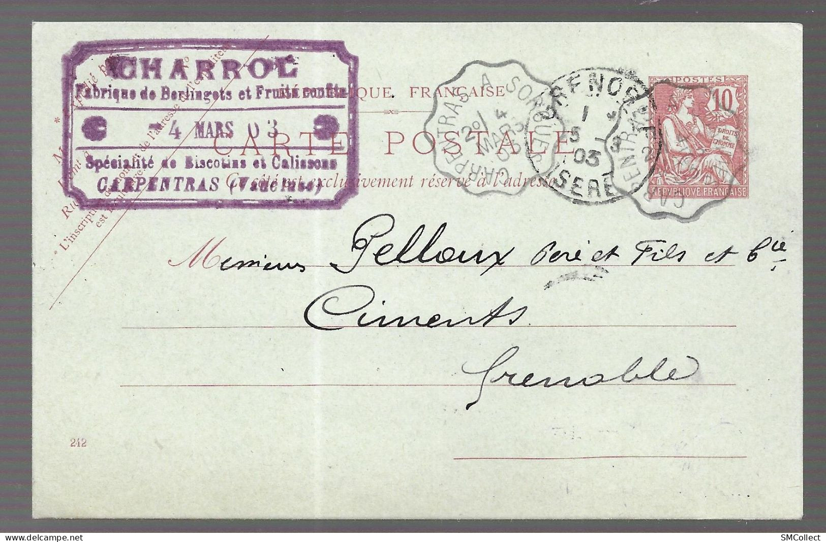 Carpentras. Cachet Ets Charrol, Entier Postal 10 Centimes Mouchon, Convoyeur Carpentras à Sorgues 1903 (13678) - Bourg-de-Péage