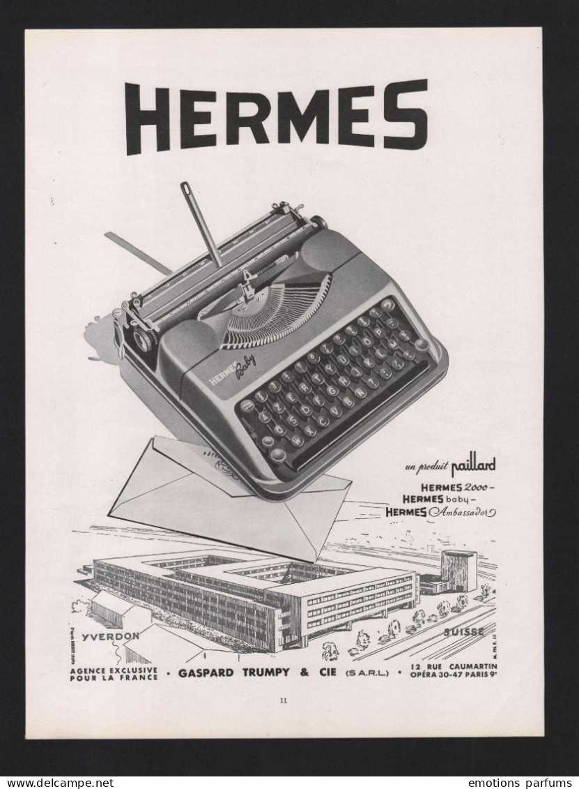 Pub Papier 1952 Machine Machines A Ecrire HERMES Baby Paillard Usine Fabrique SUISSE YVERDON - Reclame