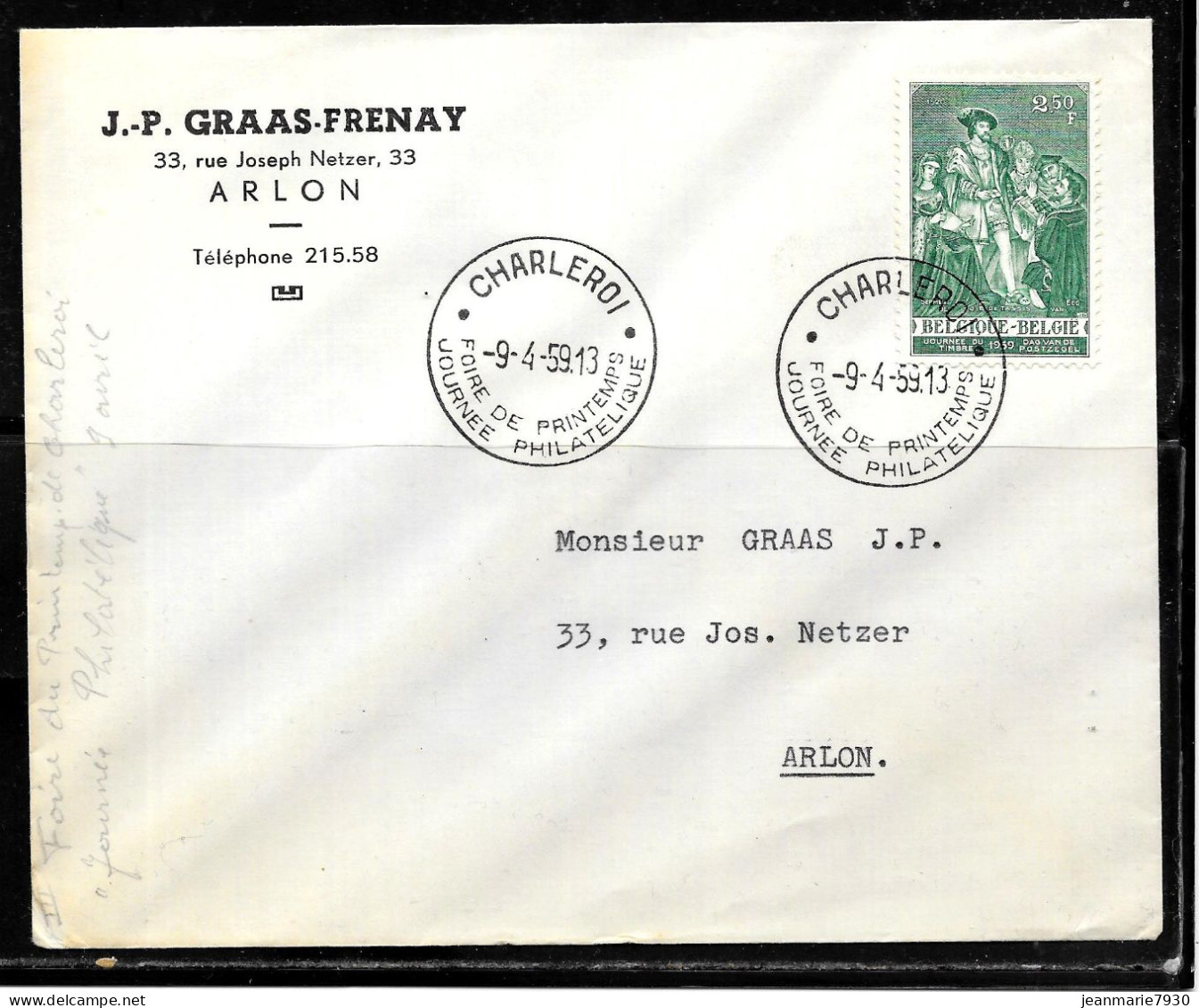 CC173 - BELGIQUE - LETTRE DE CHARLEROI DU 09/04/59 - Briefe U. Dokumente