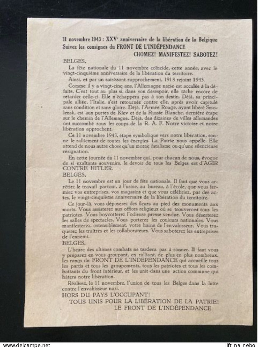 Tract Presse Clandestine Résistance Belge WWII WW2 '11 Novembre 1943: XXV Anniversaire...' Printed On Both Sides - Dokumente