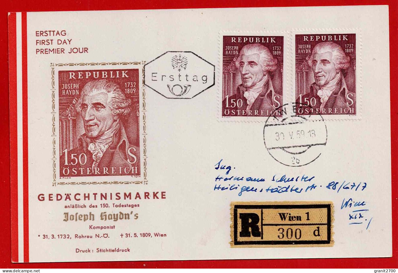 Reko FDC 150. Todestag Von Joseph Haydn Vom 30.5.1959 - FDC