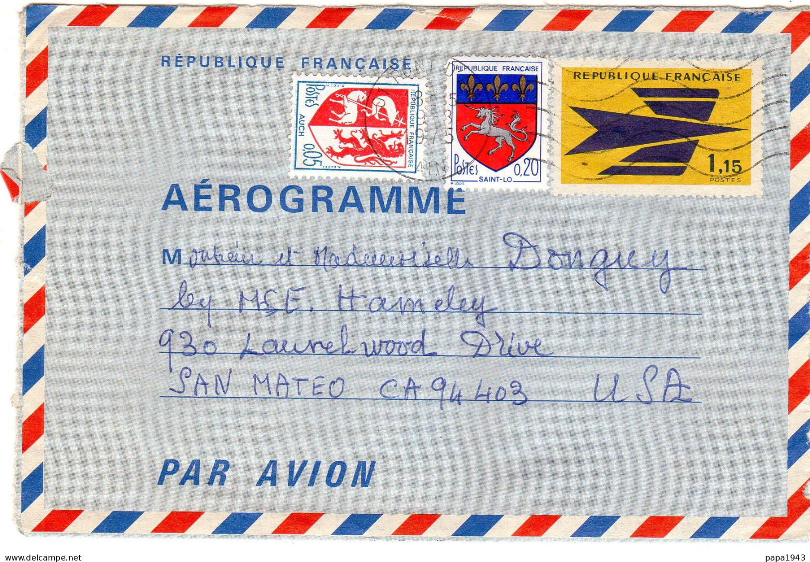 1975  AEROGRAMME  Timbres  Blasons Auch 0,05 + St LO 0,20 + 1,15 Envoyée à SAN MATEO U S A - Aerograms
