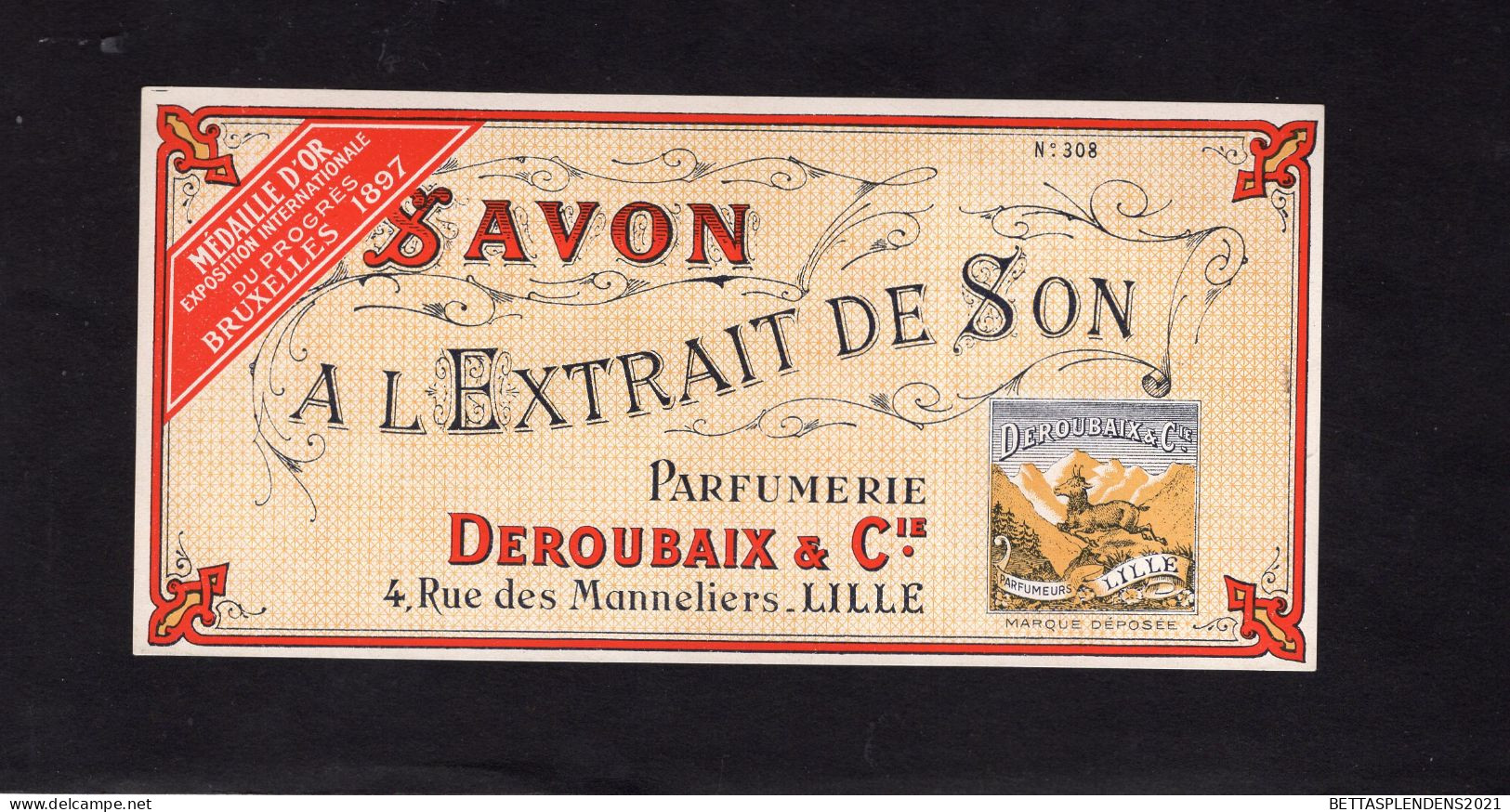 Etiquette - Savon à L'Extrait De SON - Parfumerie DEROUBAIX & Cie à LILLE - Etiquetas