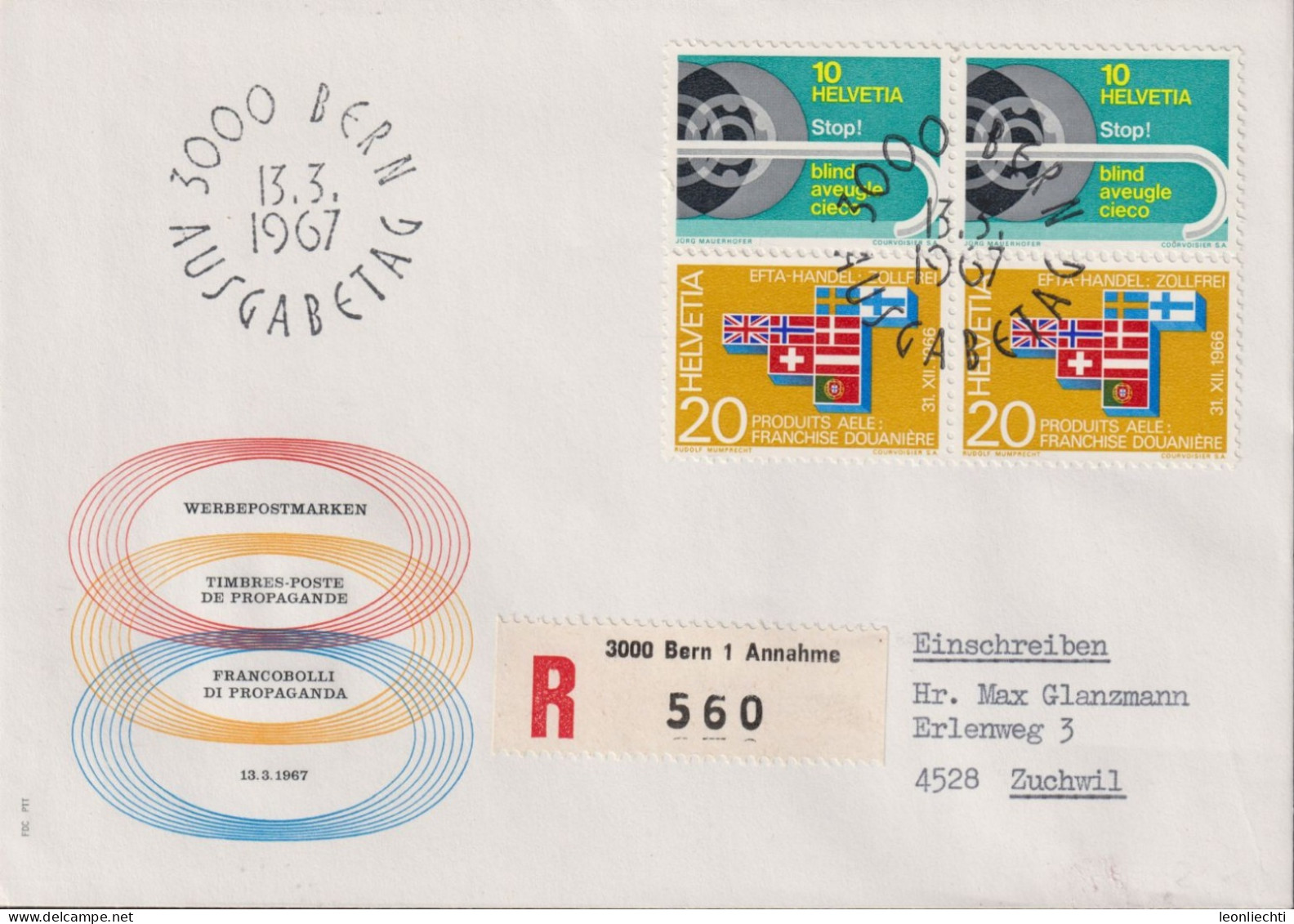 1967 Schweiz, FDC R-Brief, Zum:CH 446+447, Mi:CH 851+852, Stop! Blind! U. EFTA - FDC