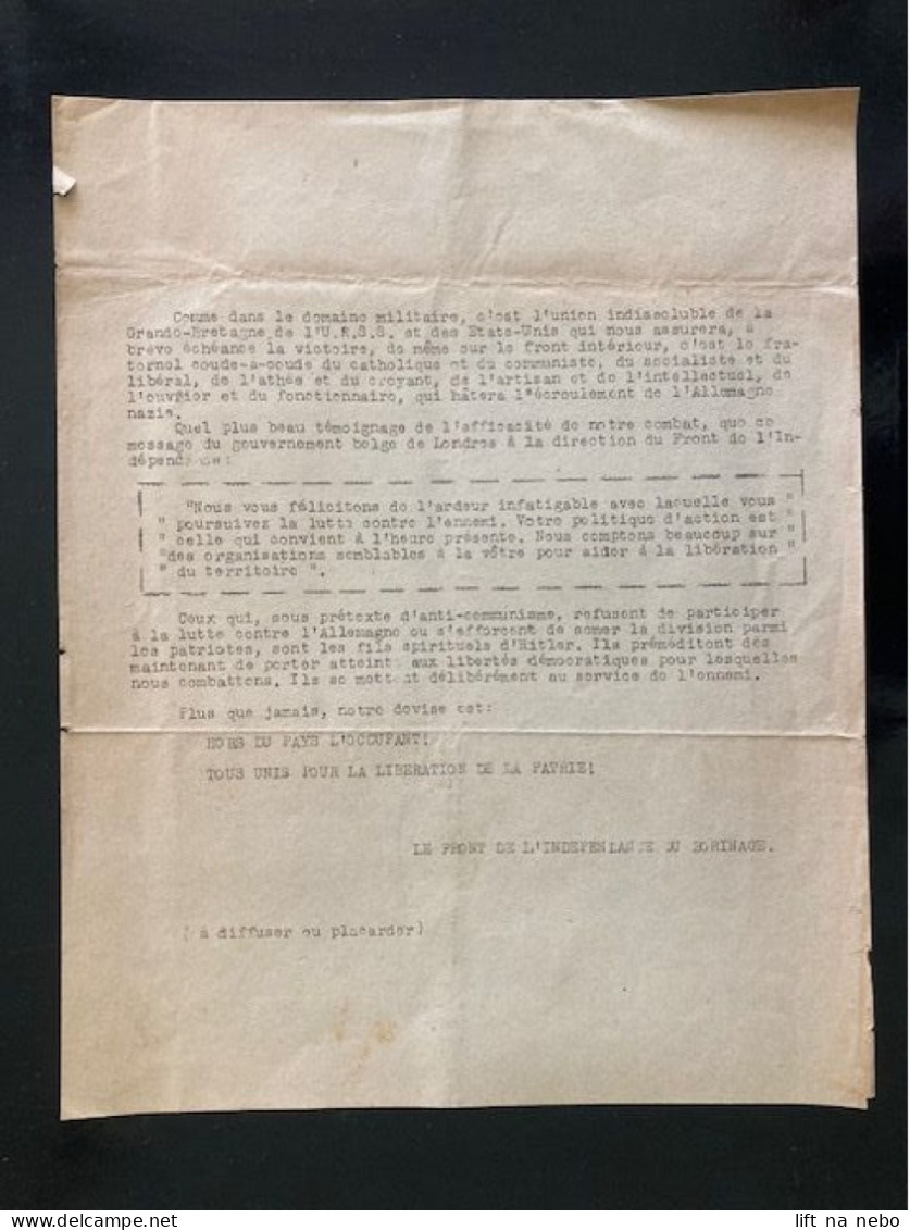Tract Presse Clandestine Résistance Belge WWII WW2 'Comme Dans Le Domaine Militaire, C'est L'union Indissoluble...' - Dokumente