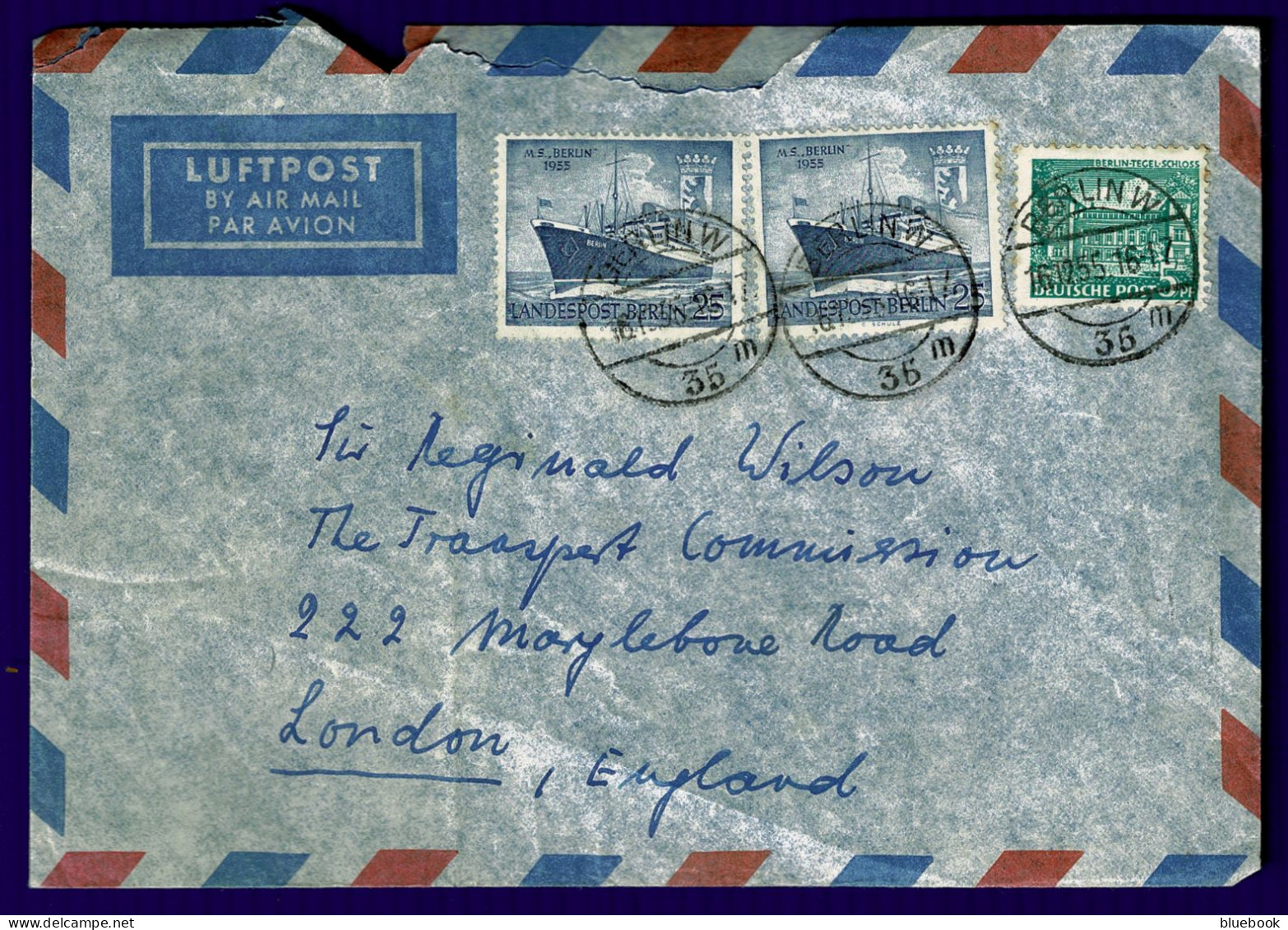 Ref 1648 - 1955 Airmail Cover Berlin Germany To London 55pf - Briefe U. Dokumente