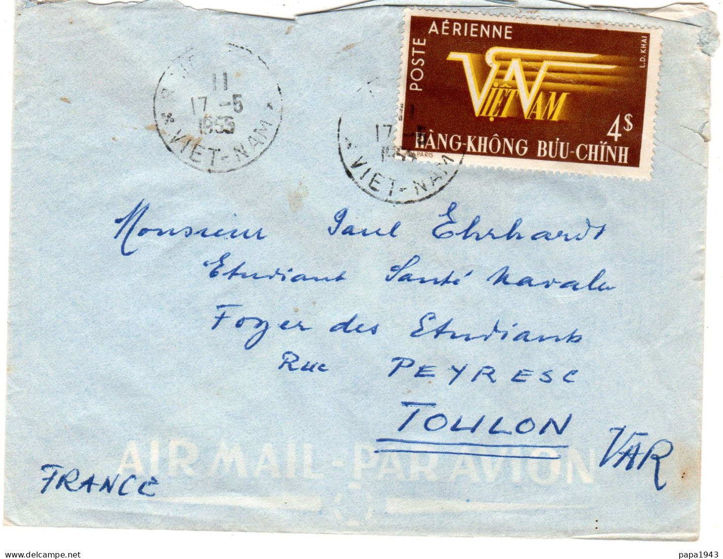 1955  VIET NAM  Envoyée à TOULON  Timbre Poste Aérienne 4$ BANG - KHONG BUU CHINH - Viêt-Nam