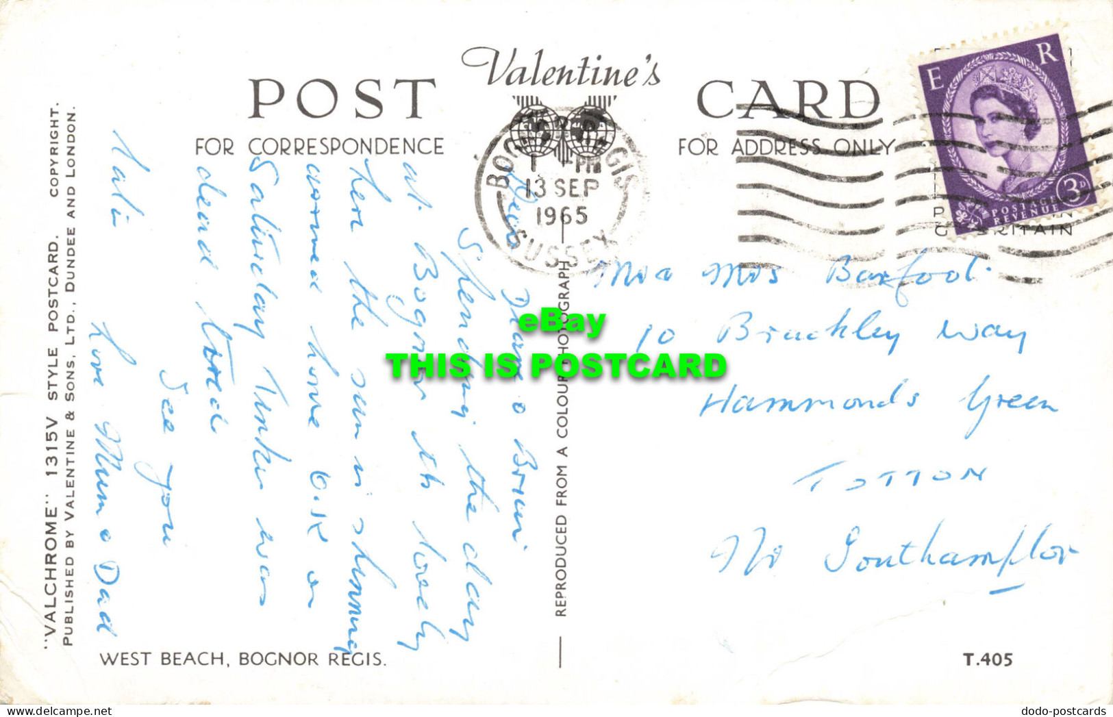 R573107 West Beach. Bognor Regis. Valchrome 1315V Style. Valentines. 1965 - World