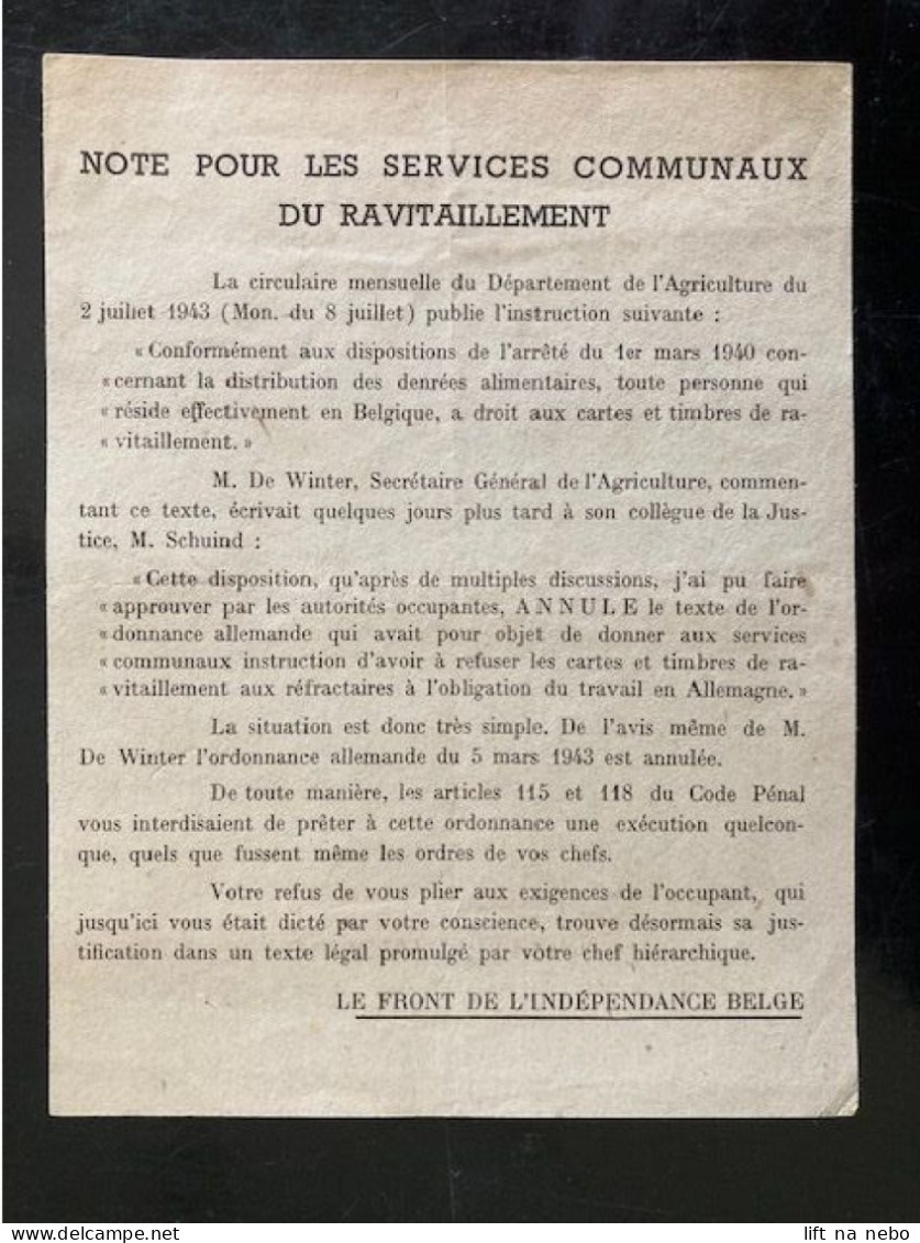 Tract Presse Clandestine Résistance Belge WWII WW2 'Note Pour Les Services Communaux Du Ravitaillement' - Documentos