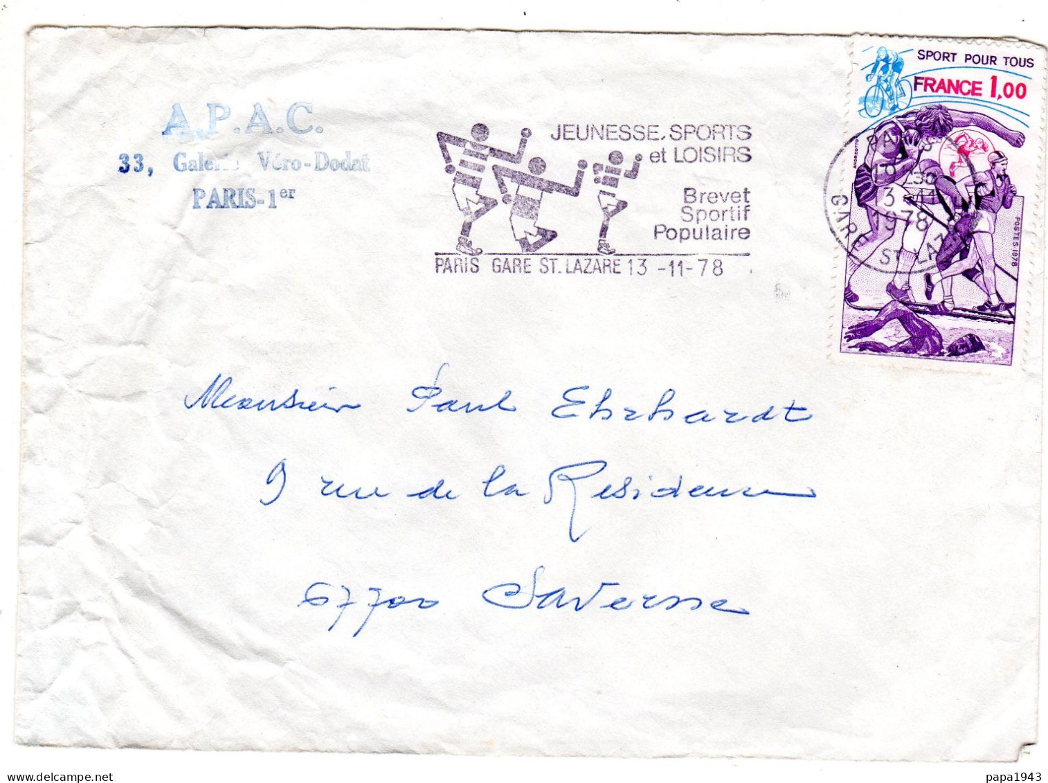 1978  Lettre Envoyée à SAVERNE  CAD PARIS GARE ST LAZARE Timbre " SPORTS POUR TOUS  1,00 " - Lettres & Documents