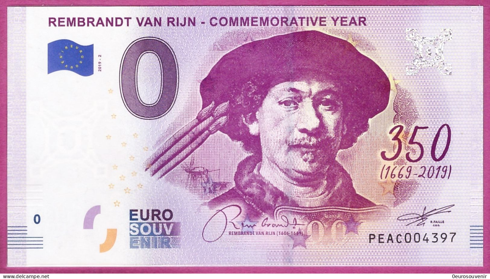 0-Euro PEAC 2019-2 REMBRANDT VAN RIJN - COMMEMORATIVE YEAR - Essais Privés / Non-officiels