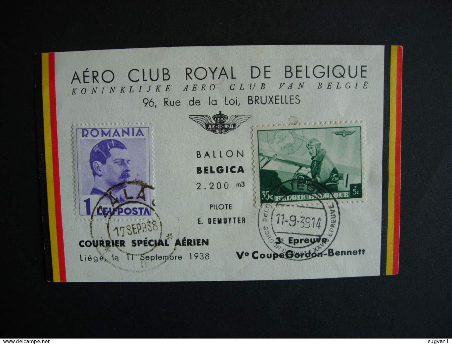 Belgique. 5me Coupe Gordon Bennettt. Courrier Spécial Liège Vers La Roumanie Zalau.11.9.38 Pilote: Demuytter - Montgolfières