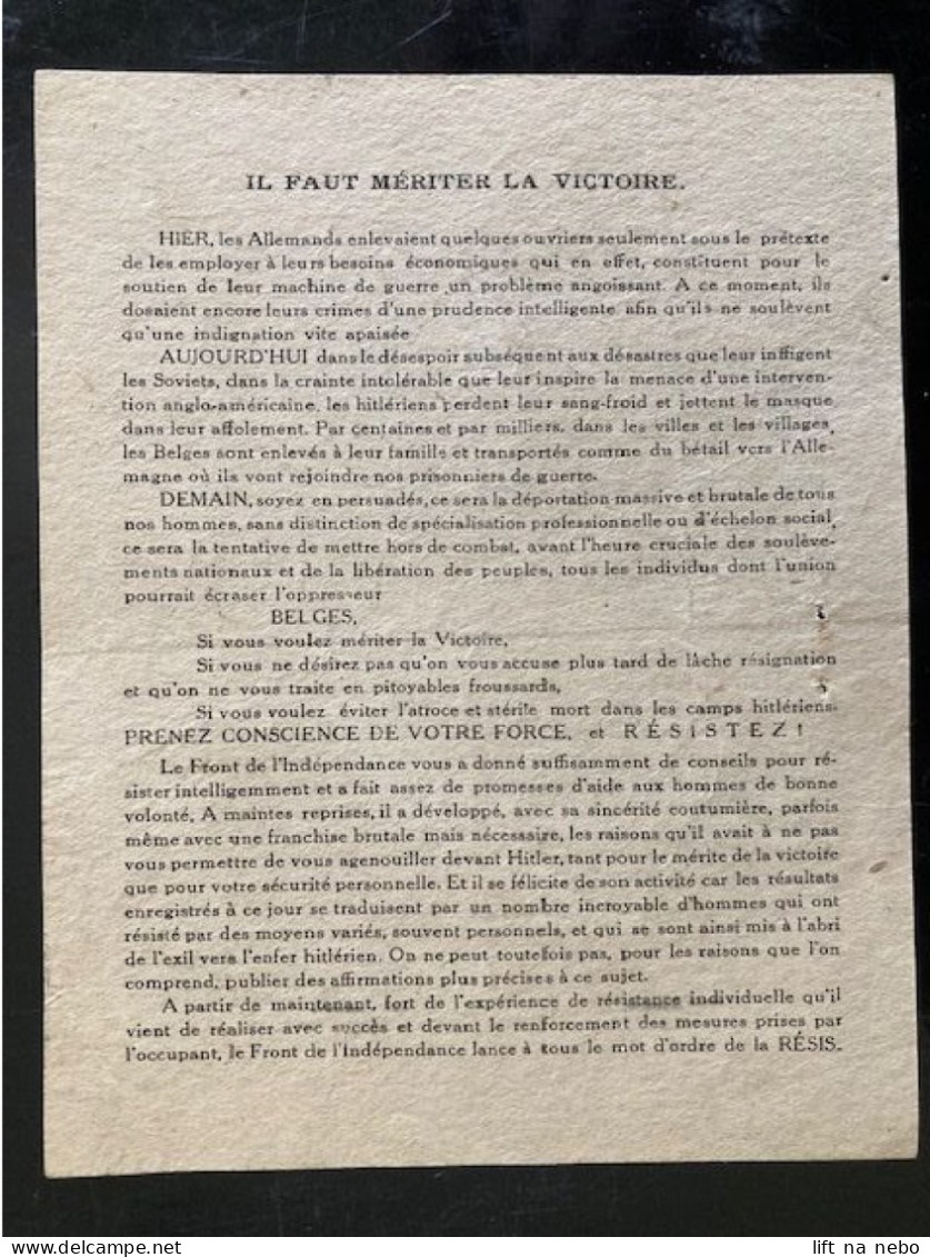 Tract Presse Clandestine Résistance Belge WWII WW2 'Il Faut Méritér La Victoire' Printed On Both Sides - Documents