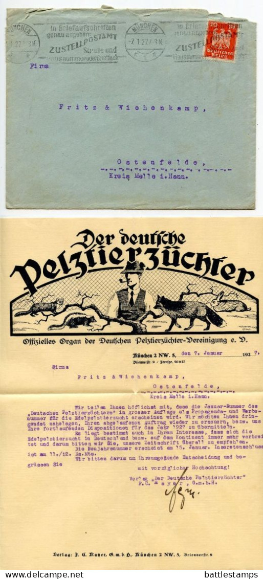 Germany 1927 Cover W/ Letter; München, Der Deutsche Pelztierzüchter To Ostenfelde; 10pf. German Eagle; Slogan Cancel - Covers & Documents