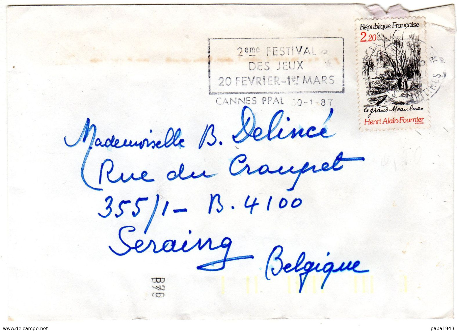 1987  Lettre Envoyée à SERAING BELGIQUE   Timbre " Henri Alain FOURNIER 2,20 " - Cartas & Documentos