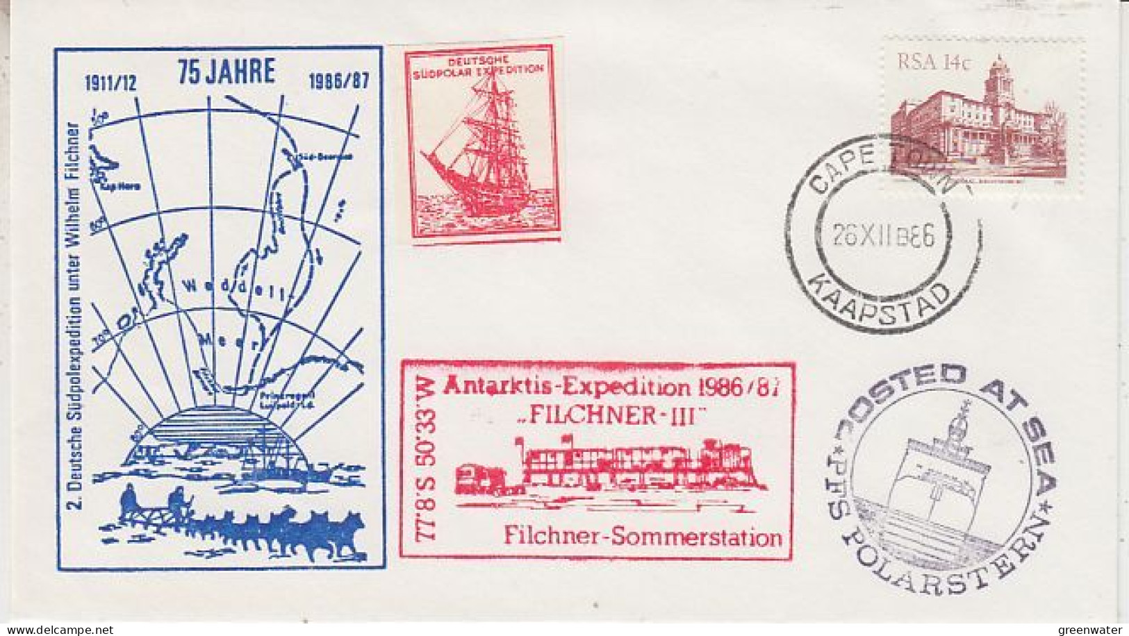 South Africa Antarktis Expedition 1986/87 Filchner III Label Deutsche Ant. Expo Ca Cape Town 26.12.1986 (GS213) - Antarctic Expeditions