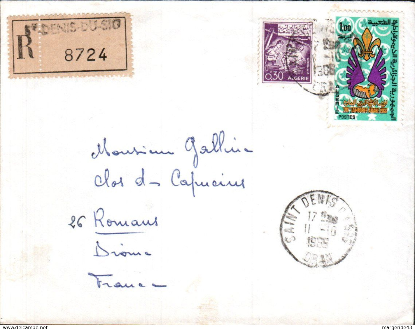 ALGERIE AFFRANCHISSEMENT COMPOSE SUR LETTRE RECOMMANDEE DE SAINT DENIS DU SEG POUR LA FRANCE 1966 - Algérie (1962-...)