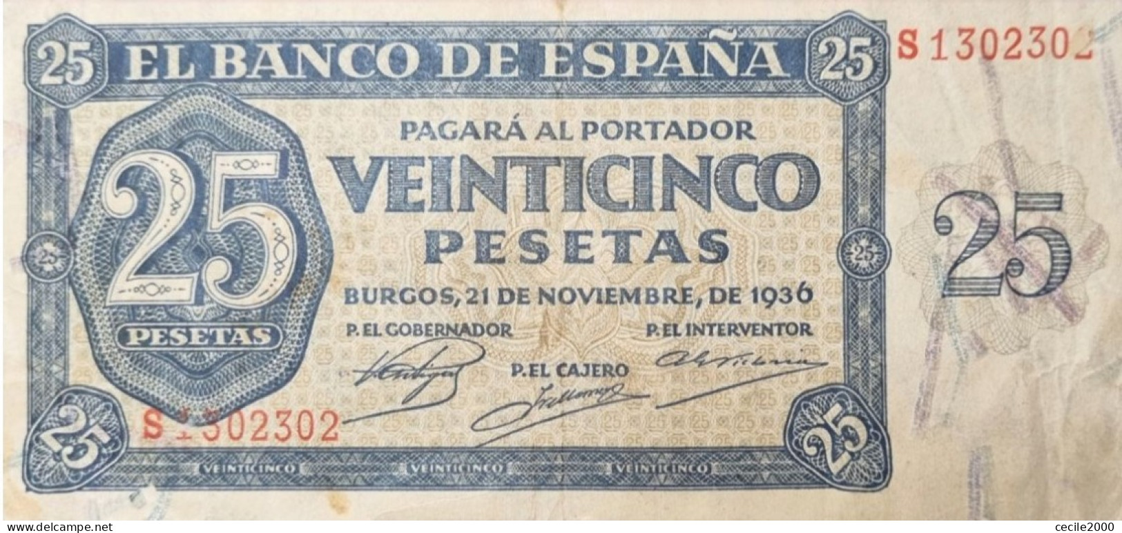 LAST PREFIX S* BILLET ESPAGNE SPAIN BANKNOTE 25 PESETAS 1936 XF MBC+ BILLETE ESPAÑA *COMPRAS MULTIPLES CONSULTAR* - 25 Pesetas