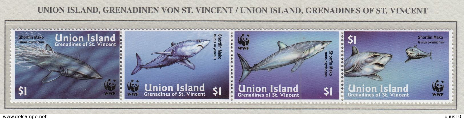 UNION ISLAND 2002 WWF Shortfin Mako Mi 269-72 MNH(**) Fauna 666 - Fishes