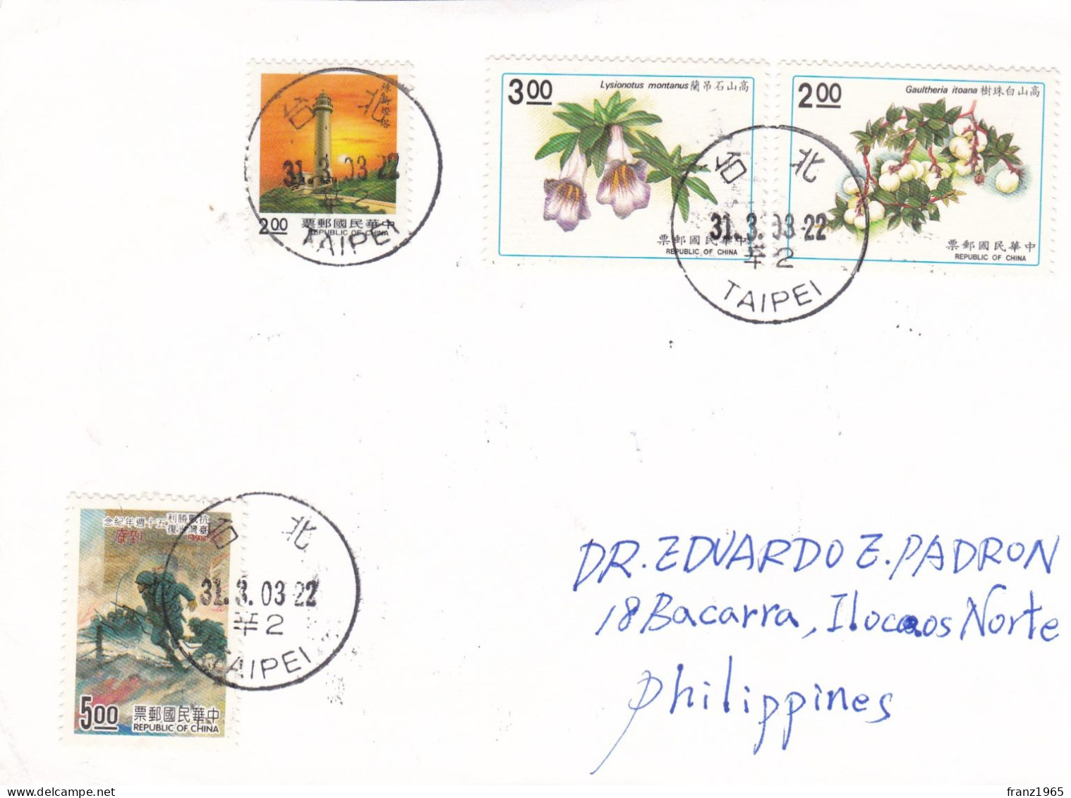 From Taiwan To Philippines - 2003 - Lettres & Documents