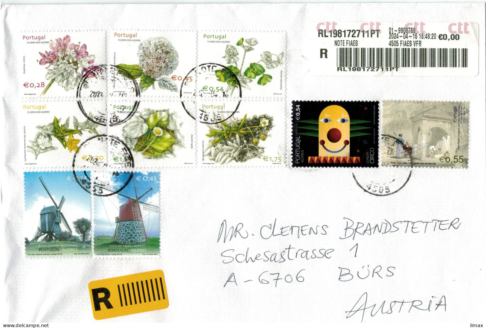 [A5] 4505 PT 2024 Azoren-Flora Sc. Nitens - E. Azorica - L. Nemorum - Windmühlen Reko - 2seitig Aufgeschnitten - Storia Postale