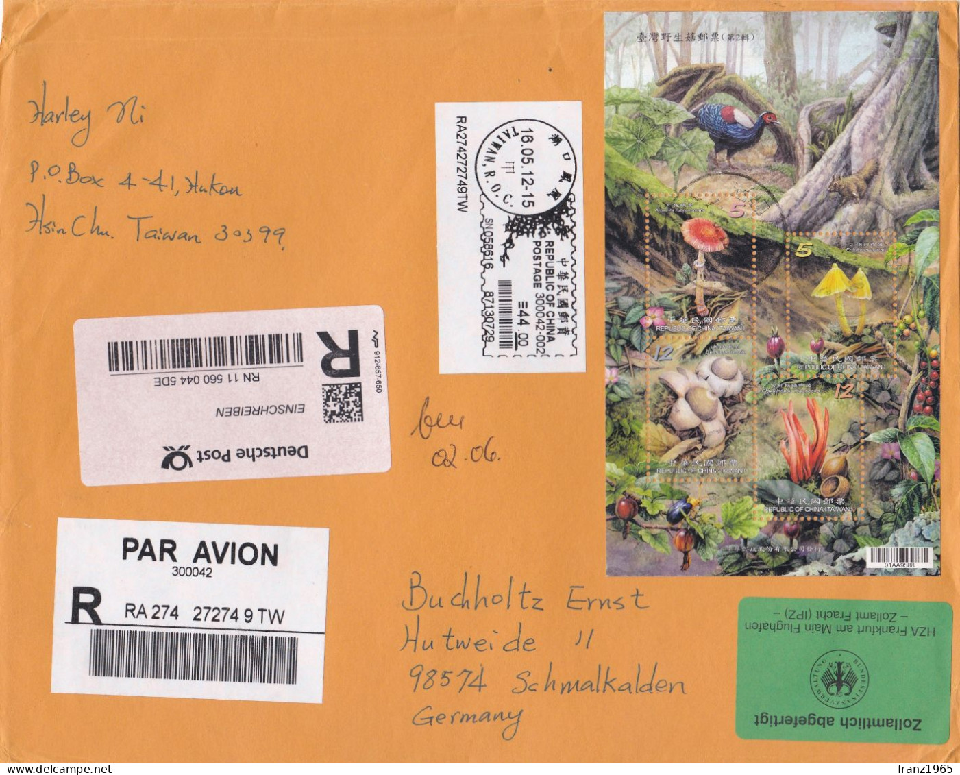 From Taiwan To Germany - 2012 - Storia Postale