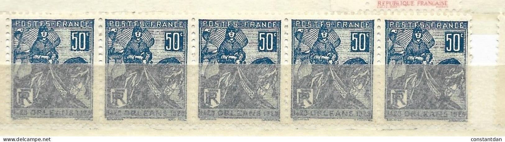 FRANCE N° 257 50C BLEU JEANNE D'ARC DOUBLE OEIL DU CHEVAL BANDE DE 5 NEUF S ANS CHARNIERE - Ongebruikt