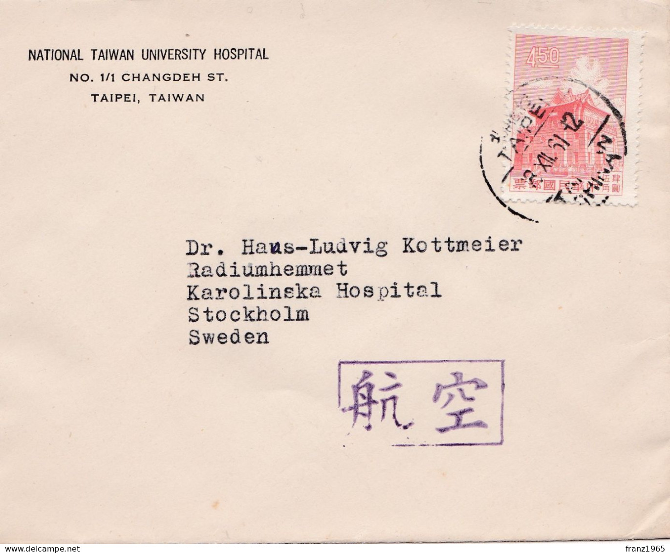 From Taiwan To Sweden - 1961 - Lettres & Documents
