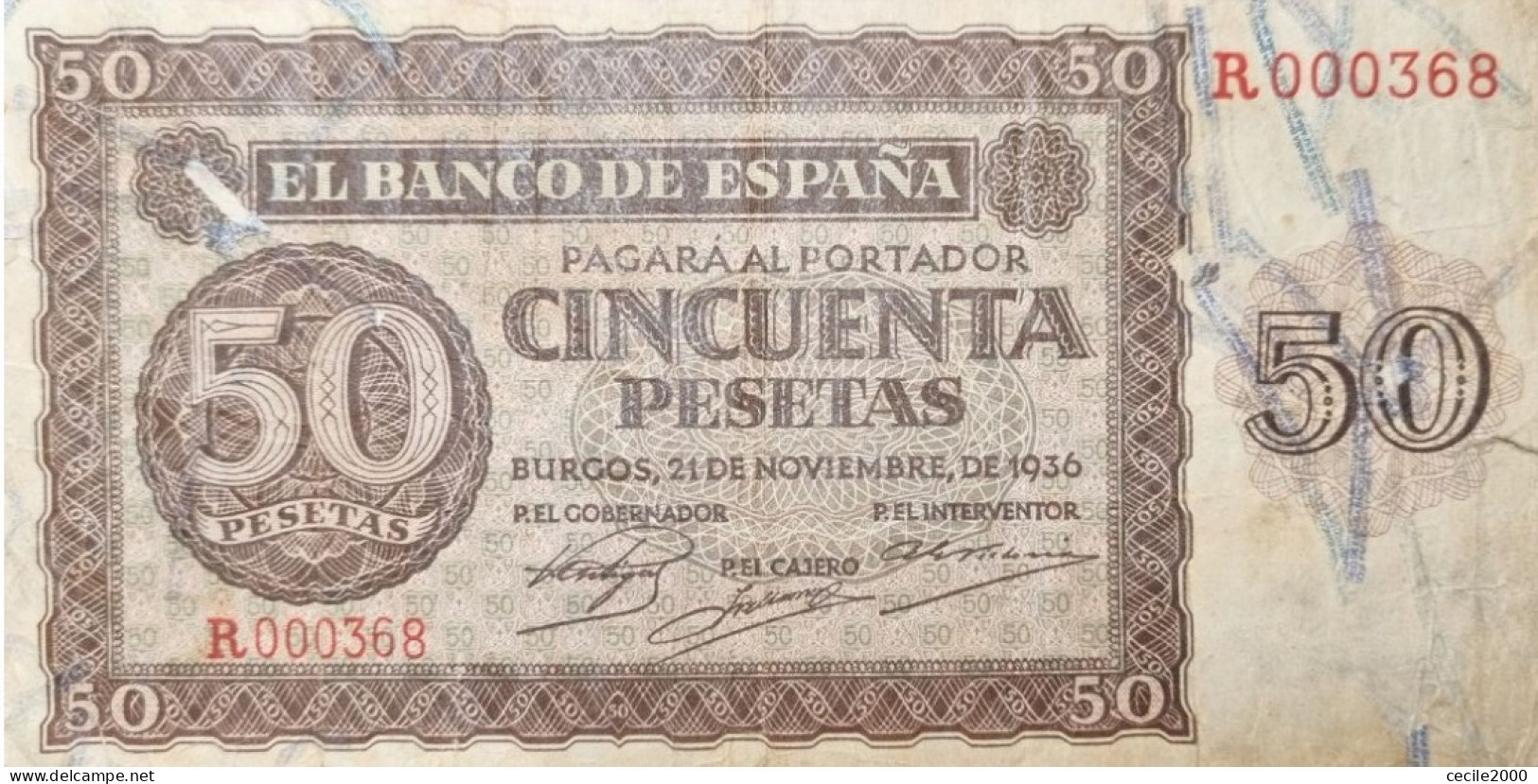 LOW NUMBER 000368* BILLET ESPAGNE SPAIN BANKNOTE 50 PESETAS 1936 VF / MBC- BILLETE ESPAÑA *COMPRAS MULTIPLES CONSULTAR* - 50 Pesetas