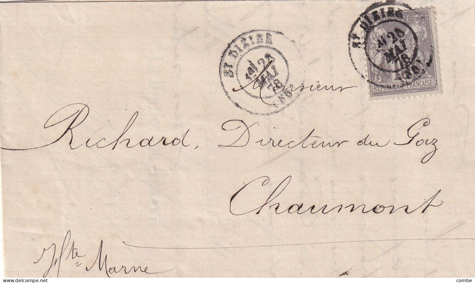 LETTRE. 28 MAI 78. SAGE 15c. ETIQUETTE C° DE TRANSPORT St DIZIER. HAUTE-MARNE POUR CHAUMONT - 1877-1920: Semi Modern Period