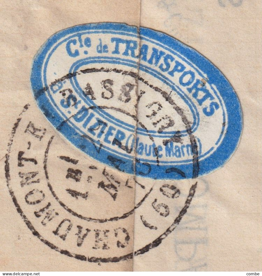 LETTRE. 28 MAI 78. SAGE 15c. ETIQUETTE C° DE TRANSPORT St DIZIER. HAUTE-MARNE POUR CHAUMONT - 1877-1920: Période Semi Moderne