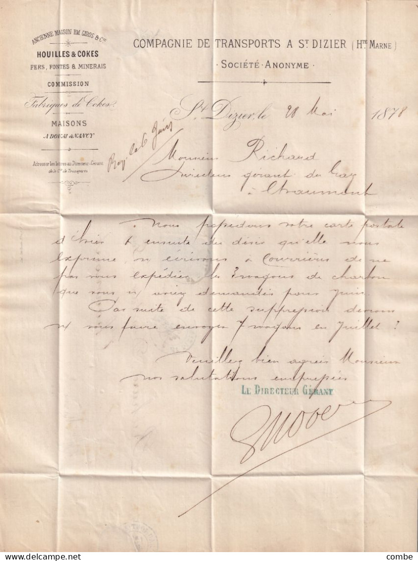 LETTRE. 28 MAI 78. SAGE 15c. ETIQUETTE C° DE TRANSPORT St DIZIER. HAUTE-MARNE POUR CHAUMONT - 1877-1920: Semi Modern Period