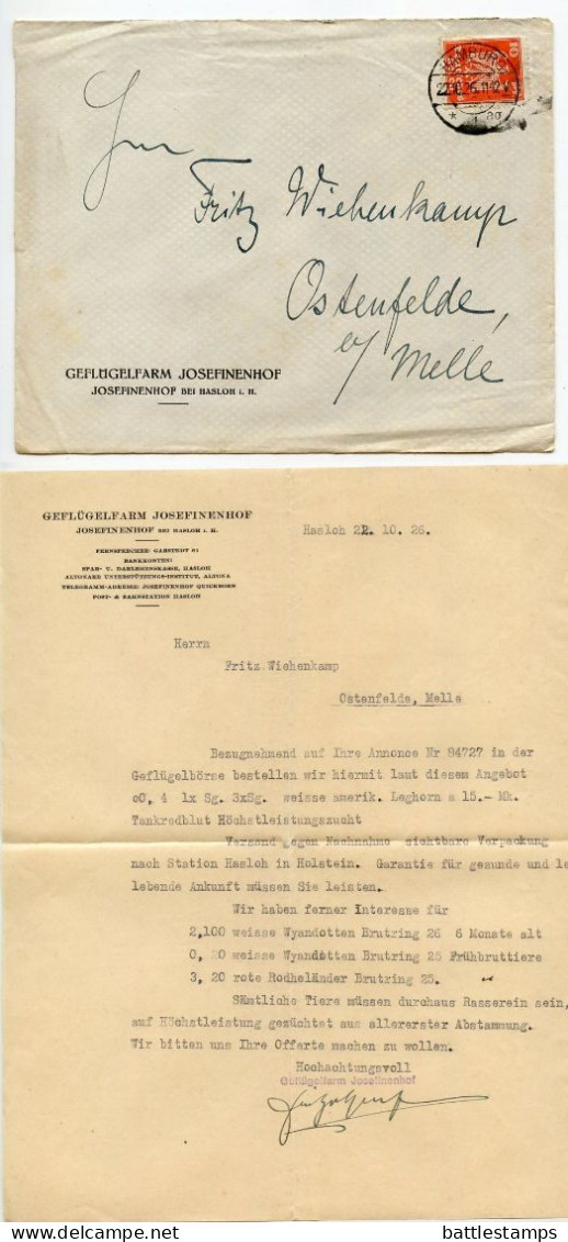 Germany 1926 Cover W/ Letter; Hamburg - Geflügelfarm Josefinenhof To Ostenfelde; 10pf. German Eagle - Briefe U. Dokumente