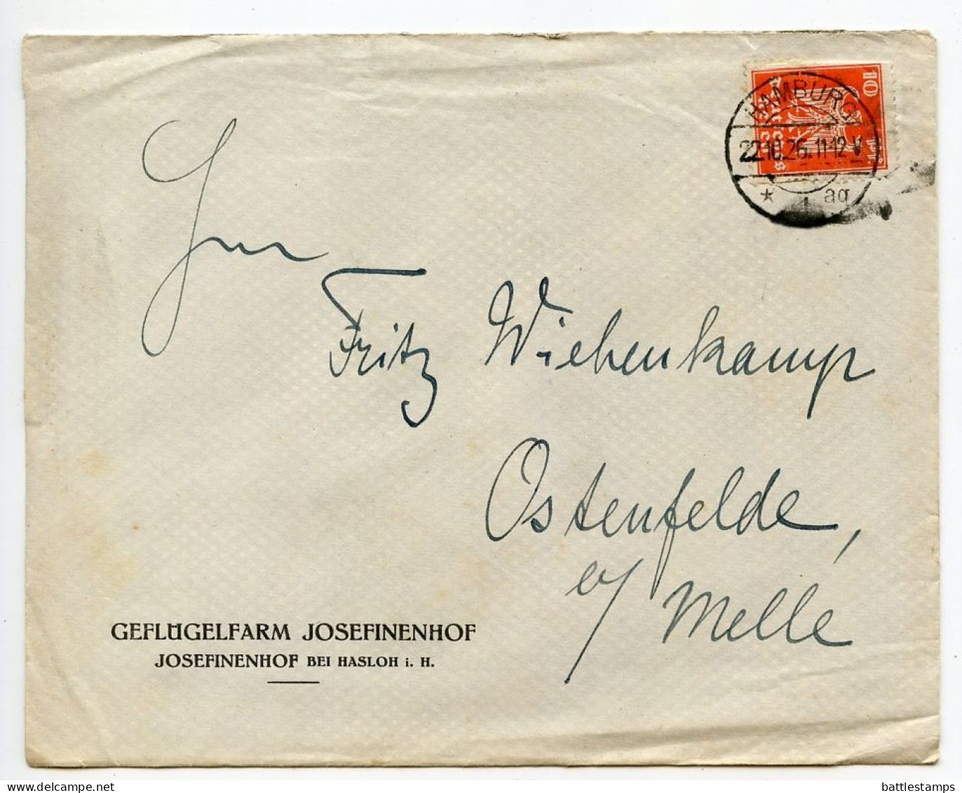 Germany 1926 Cover W/ Letter; Hamburg - Geflügelfarm Josefinenhof To Ostenfelde; 10pf. German Eagle - Briefe U. Dokumente