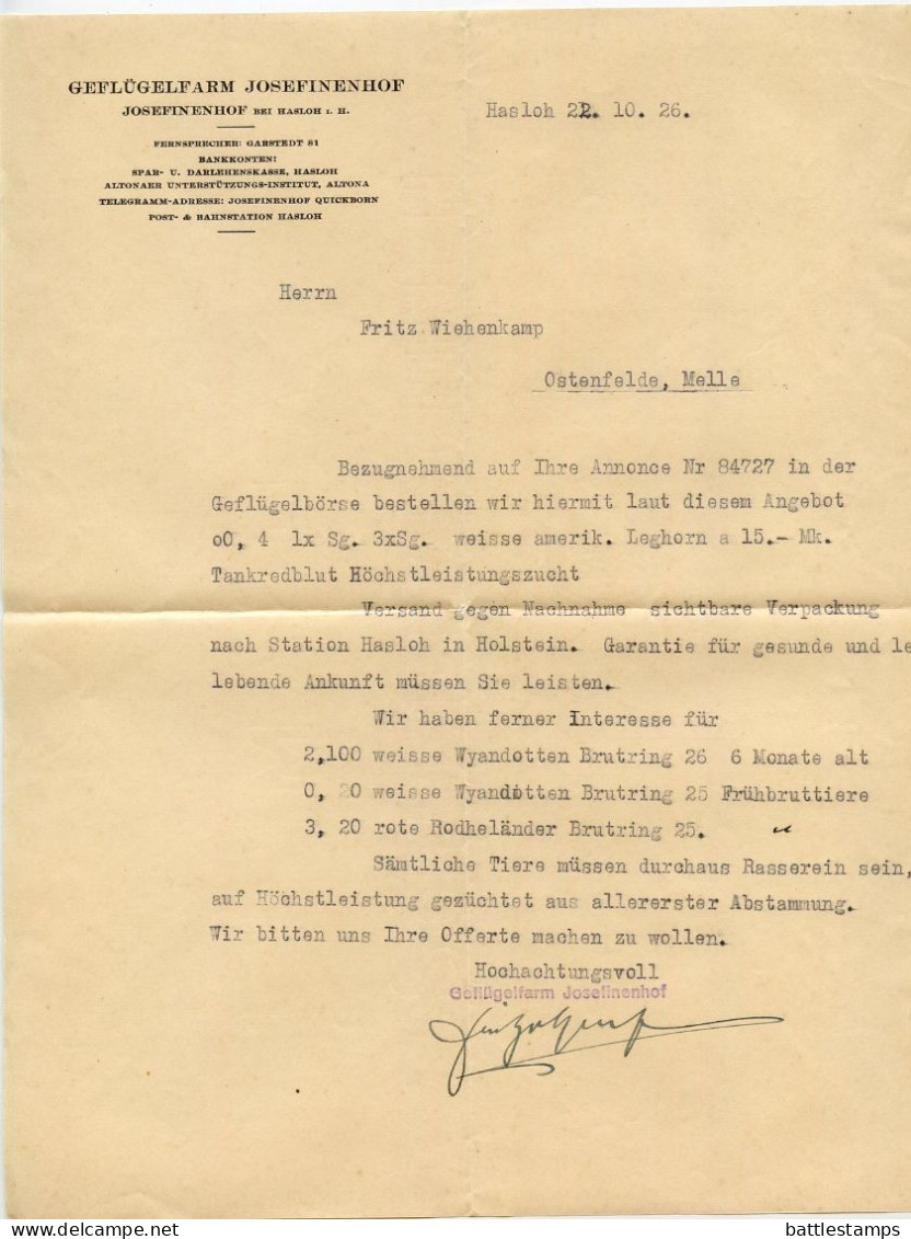 Germany 1926 Cover W/ Letter; Hamburg - Geflügelfarm Josefinenhof To Ostenfelde; 10pf. German Eagle - Covers & Documents