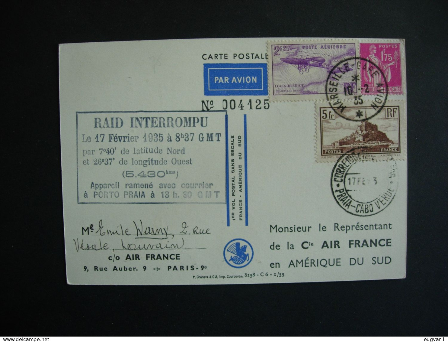 France: Courrier Aérien Vers L(Amérique Du Sud. Vol  Interrompu17.2.1935. Courrier Ramené à Porto Praia. - Aviones