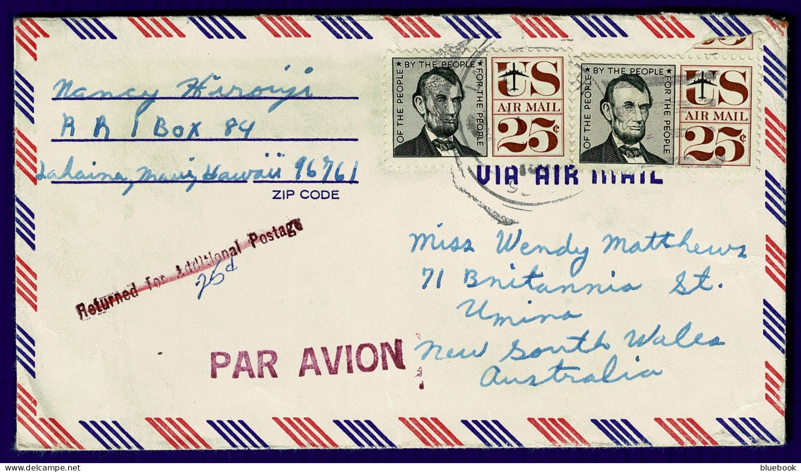 Ref 1648 - 1960's Airmail Cover Lahaina Hawaii USA To Australia - 50c Rate? Insufficient Postage Instructional Mark - Hawaii