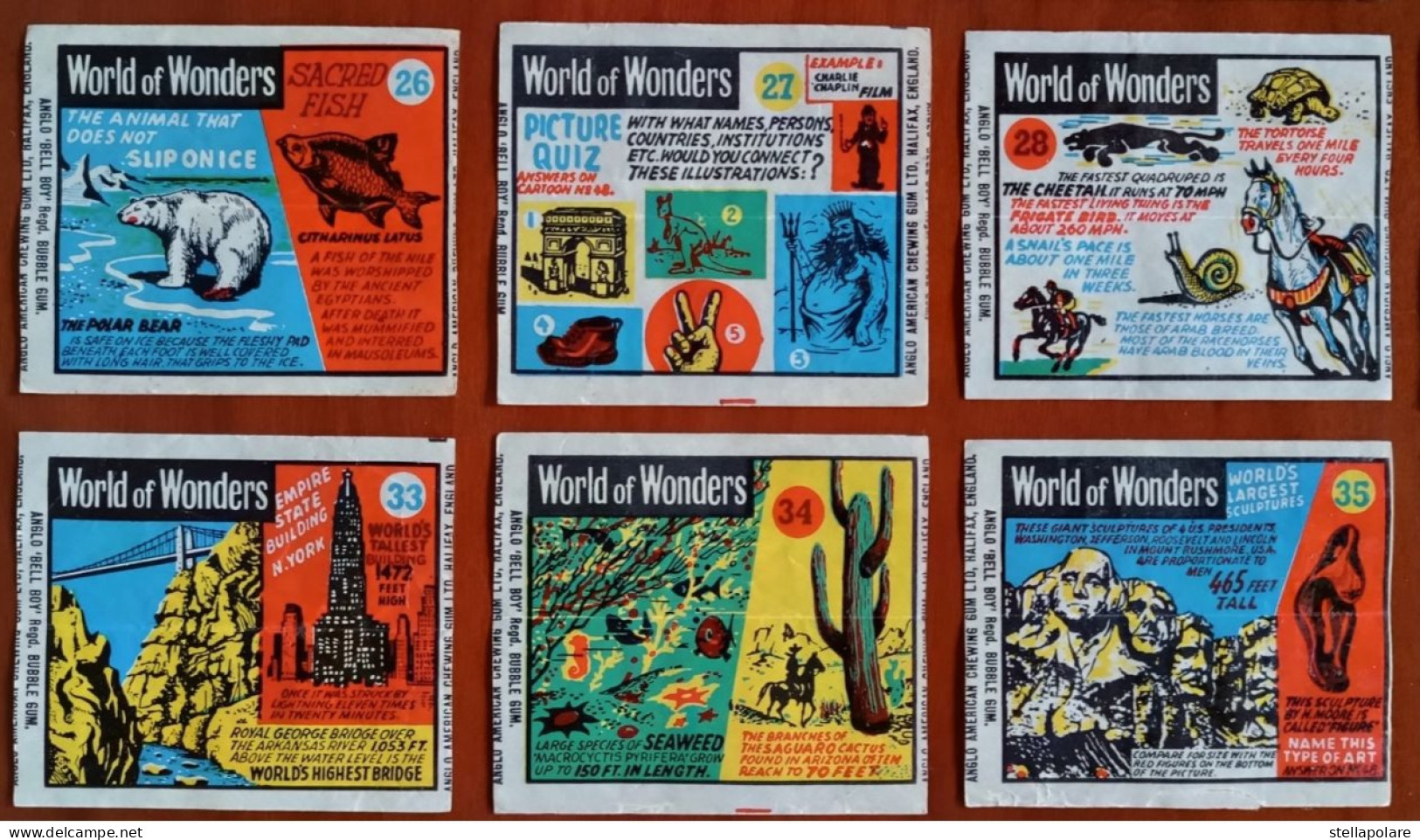 World of Wonders 27/48 wax wrappers  Anglo American Bell Boy bubble gum about 1960