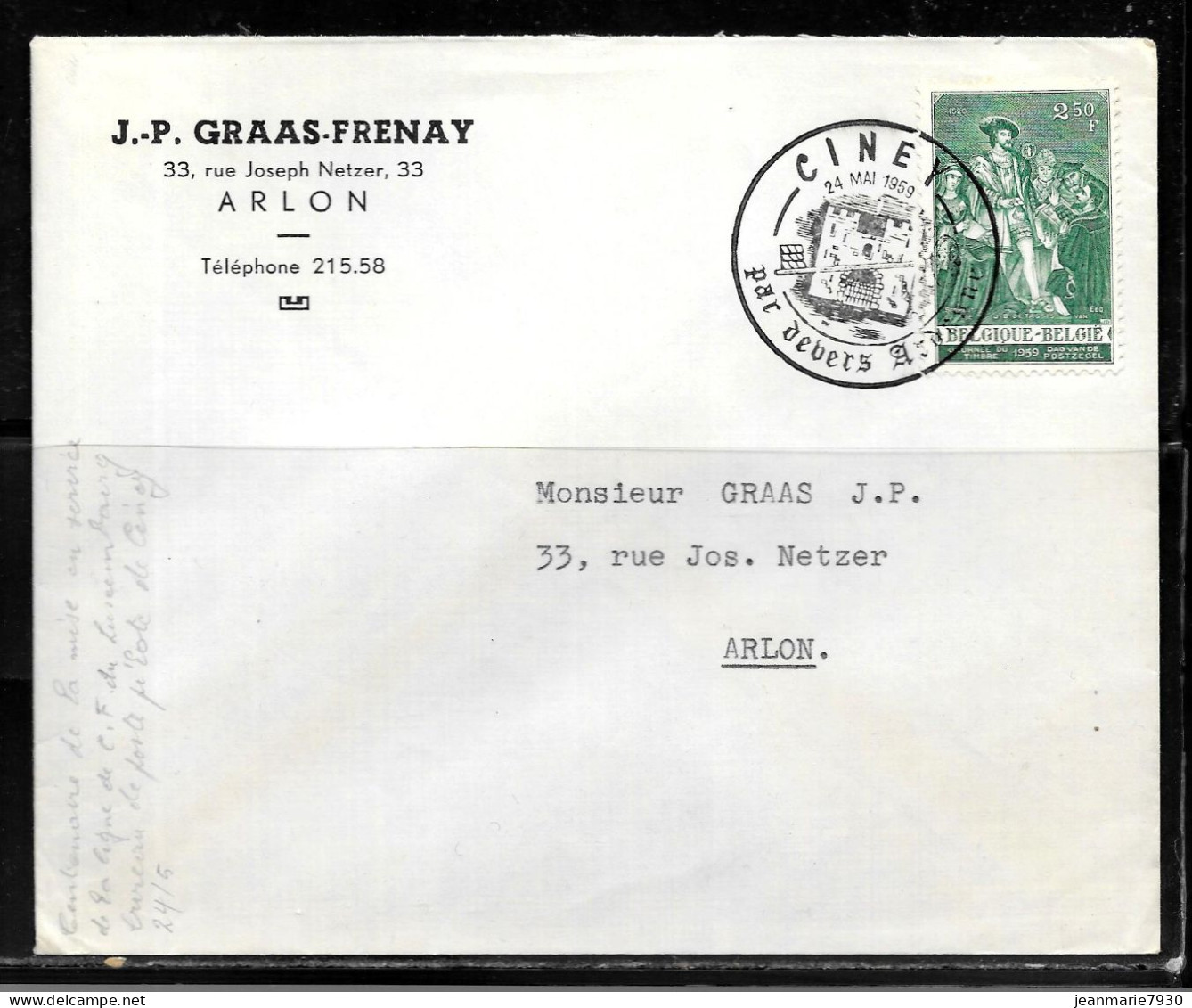 CC162 - BELGIQUE - LETTRE DE CINEY DU 24/05/59 - Lettres & Documents