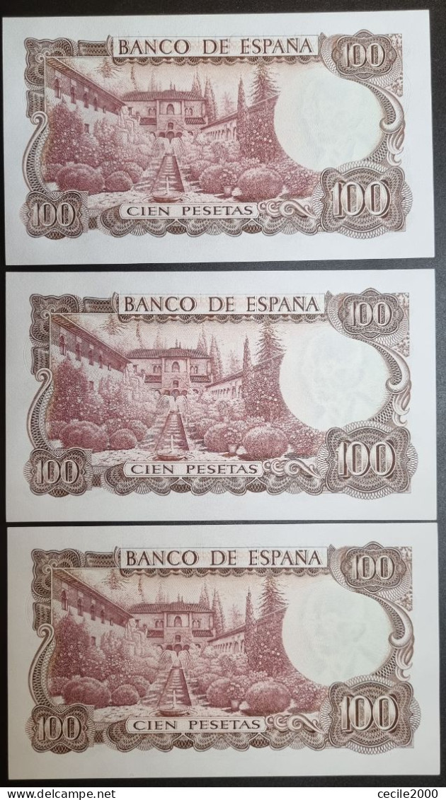 3x SEQUENTIAL NUMBER BILLETS ESPAGNE SPAIN BANKNOTE LOT 100 PESETAS 1970 UNC BILLETE ESPAÑA*COMPRAS MULTIPLES CONSULTAR* - 100 Peseten