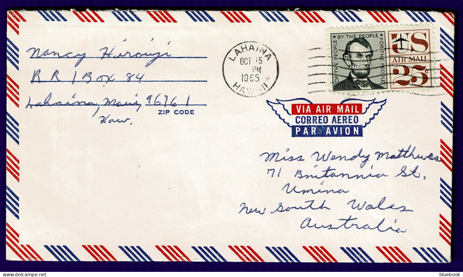 Ref 1648 - 1965 Airmail Cover Lahaina Hawaii USA - 25c Rate To Umina NSW Australia - Hawaii